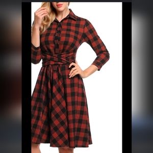 SMALL Christmas Red Flair Dress Long Sleeve Plaid Xmas Shirt Dress Belt SMALL